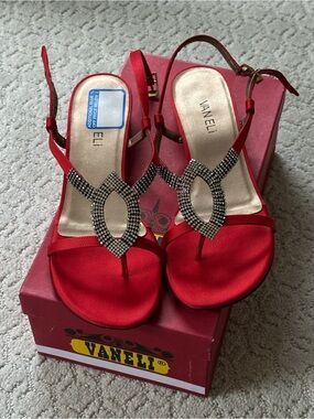 Vaneli Red Rhinestone T-Strap Satin Sandals. Size 8.5
